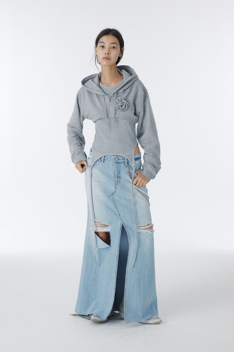 DAMAGED LONG DENIM SKIRT (BLUE)
