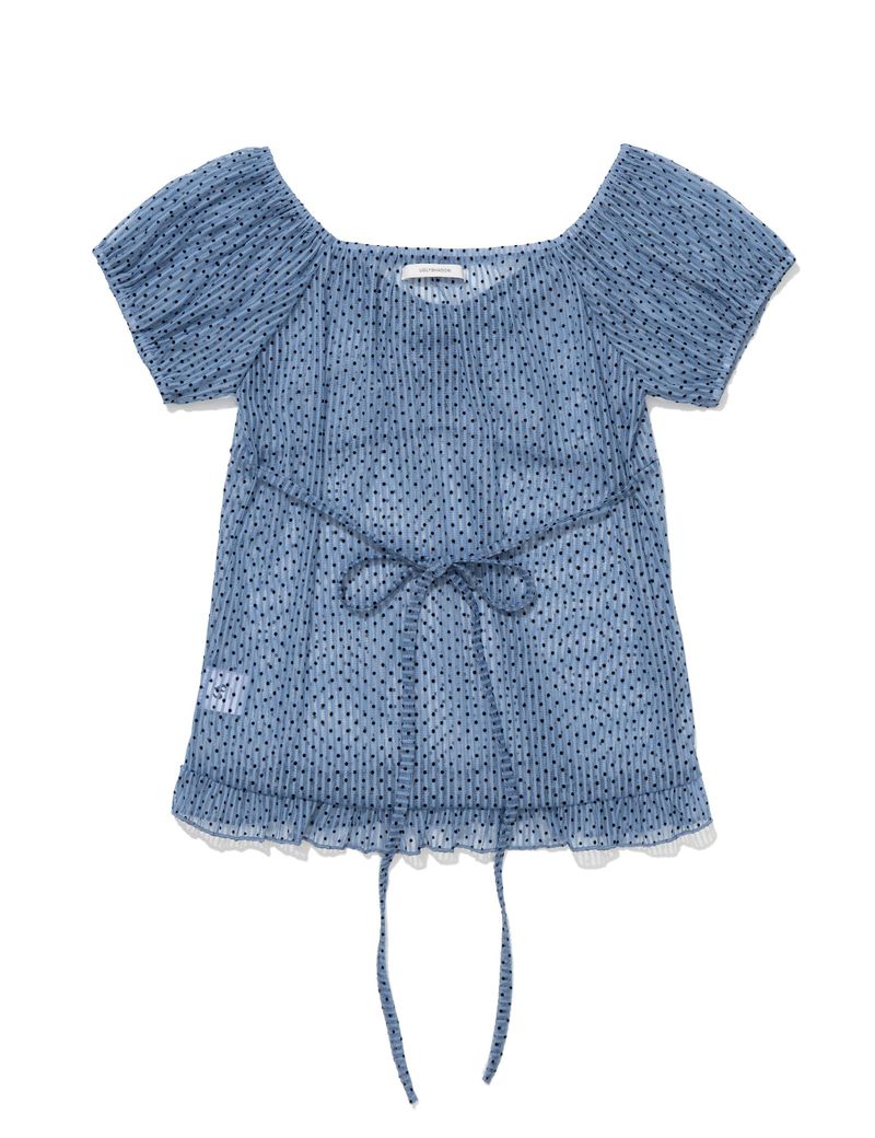 DOT SHIRRING BLOUSE(BLUE)