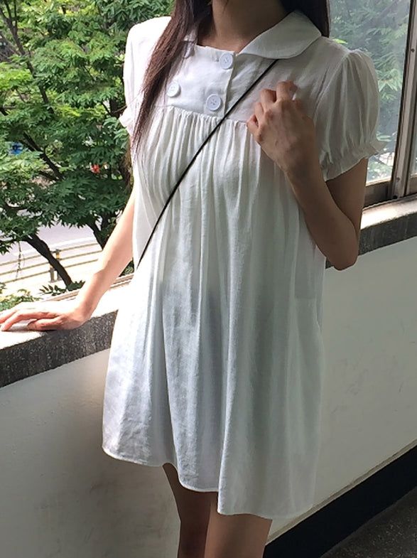 Selly Button Round Collar Puff Sleeve Frill One Piece