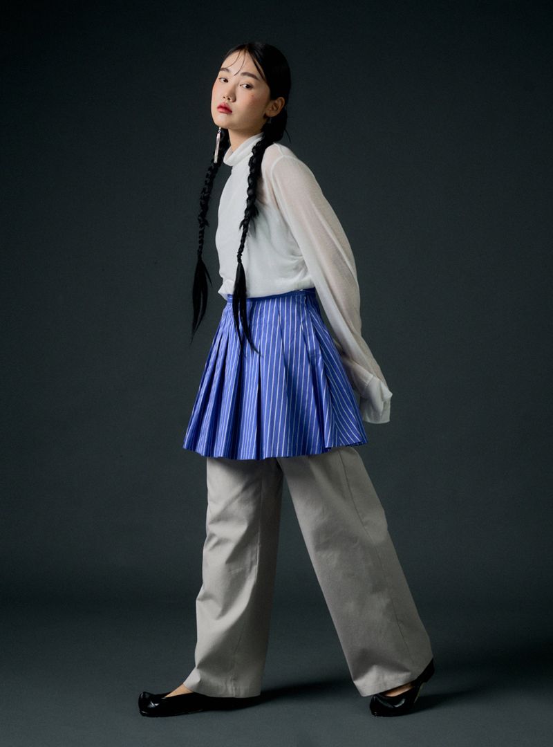 Stripe pleats skirt (blue)