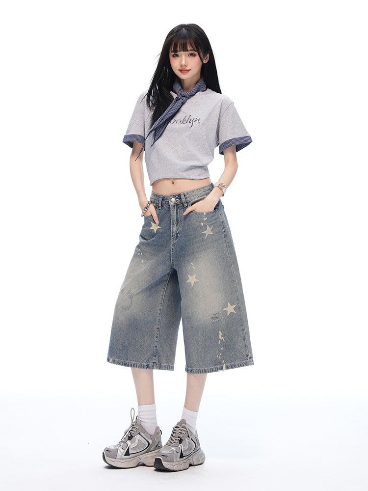 ヴィンテージスター プリントウォッシュド ワイドクロップドデニムパンツ