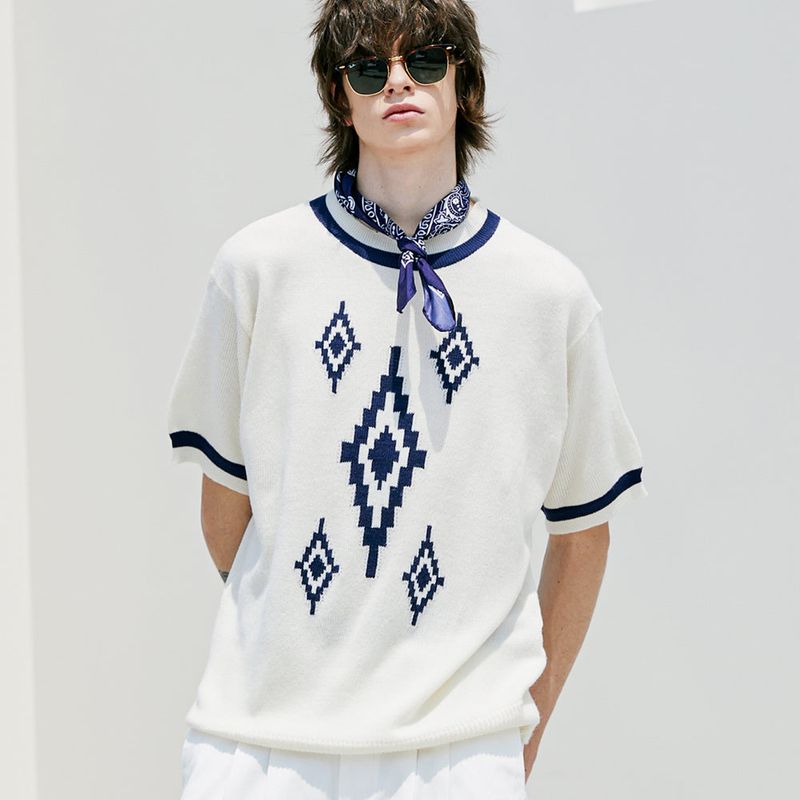 NAVAJO PATTERN RINGER HALF KNIT CREAM