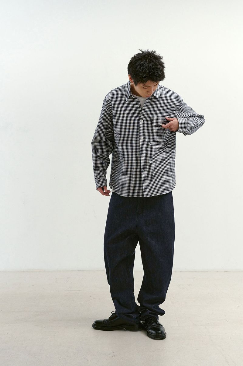 Natural High Waist Baggy Fit Selvedge Denim Pants(Navy)
