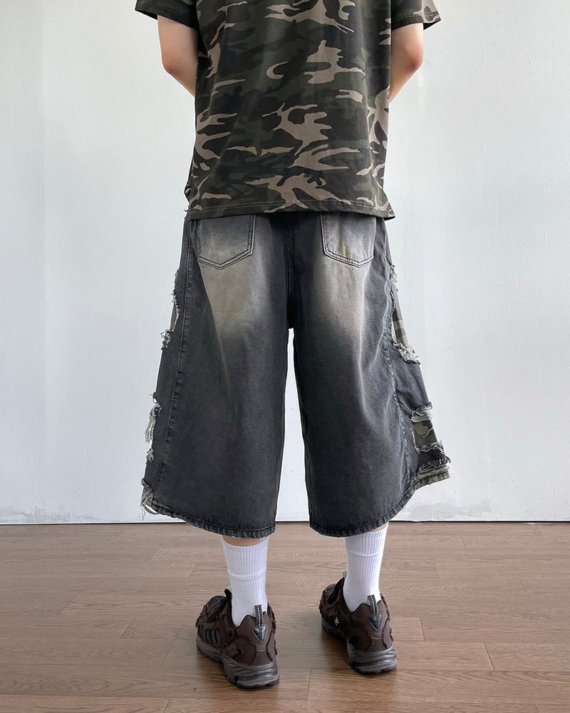 Destroyed Camouflage Denim Half Pants