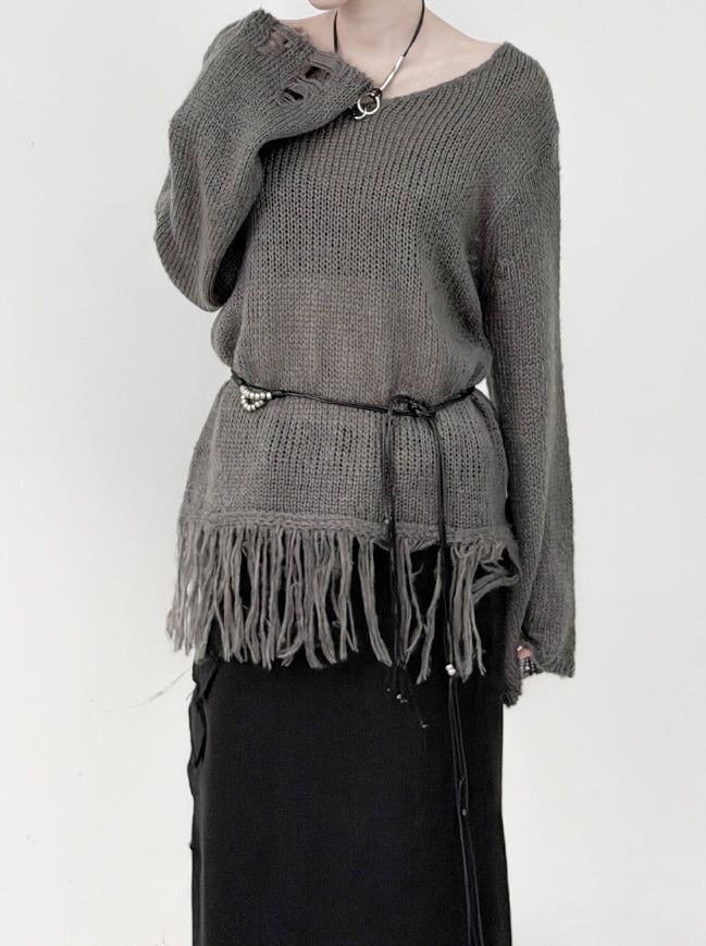 mnem（ムネム）の「Lynch Fringe V-Neck Knit（Tops）」
