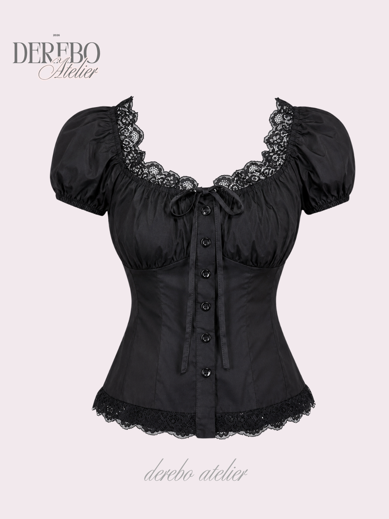 Black lace square short-sleeve blouse