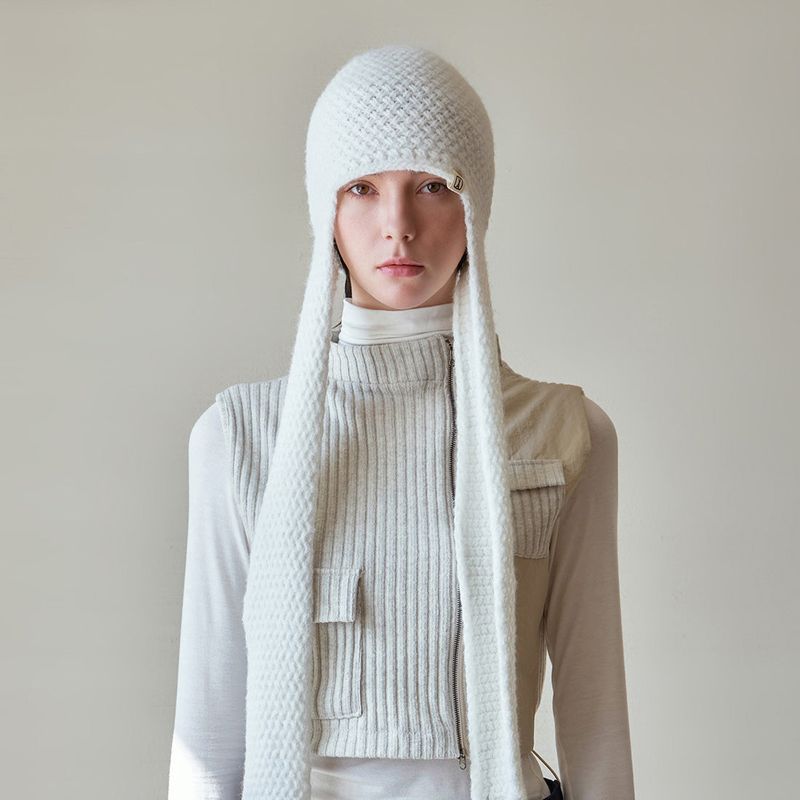 VA Square Label Knit muffler beanie / Ivory