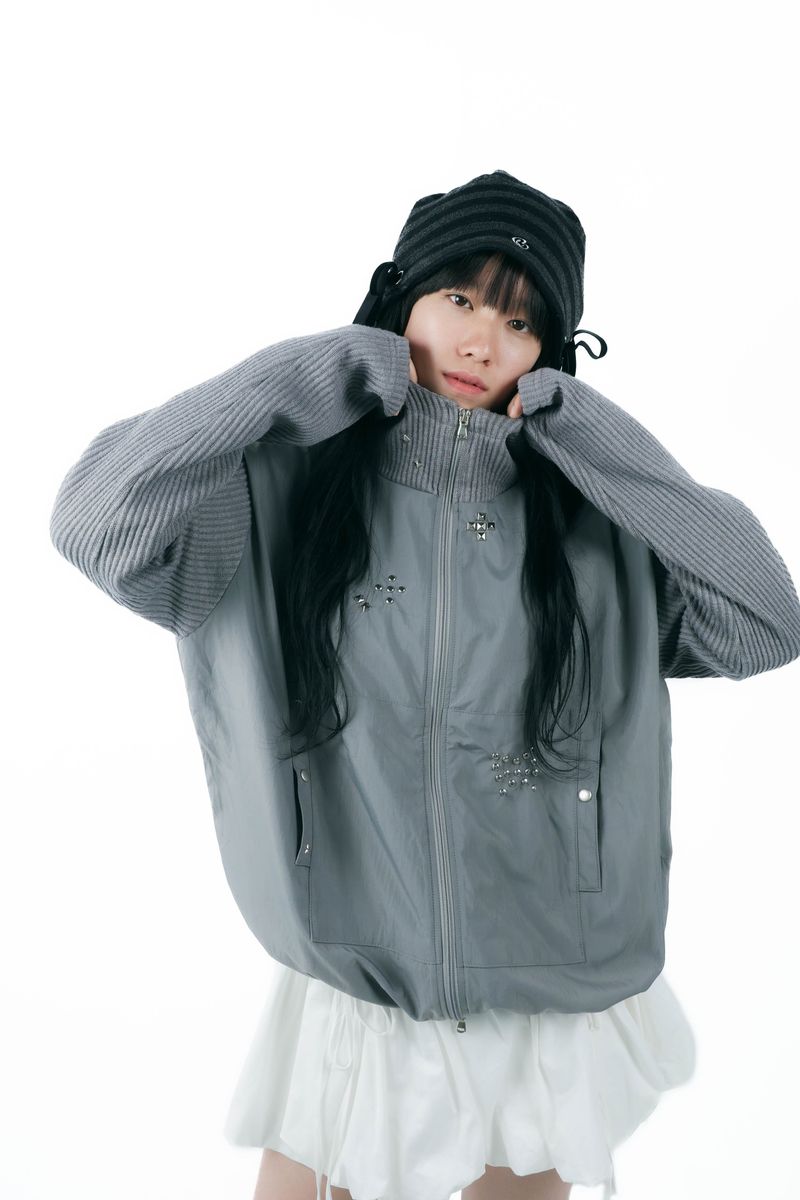 LITALMUTE（リタルミュート）の「studs nylon knitzip hoodie(gray)（Jackets/Outerwear）」
