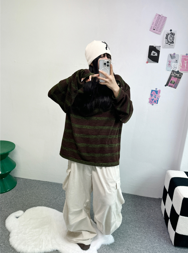 SHOULDER SNAP WARMER POINT STRIPED KNIT🤎🖤🧸 - 2 COLORS