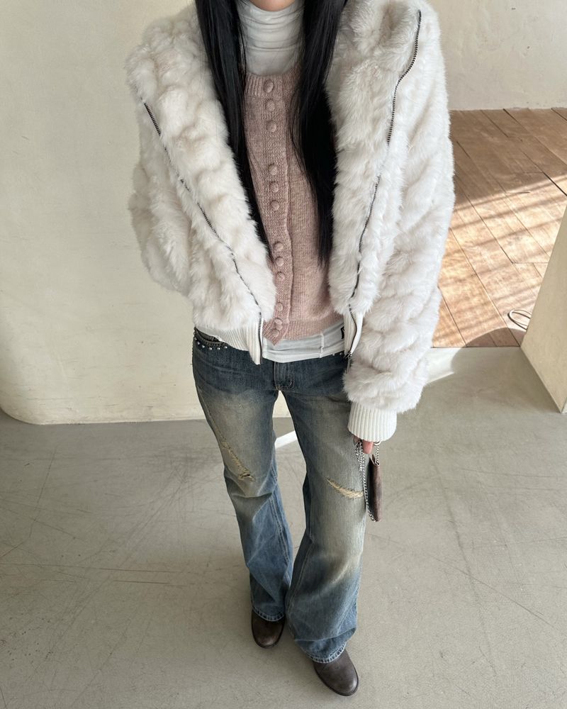 Bunny Cropped Fur Hooded Jumper
