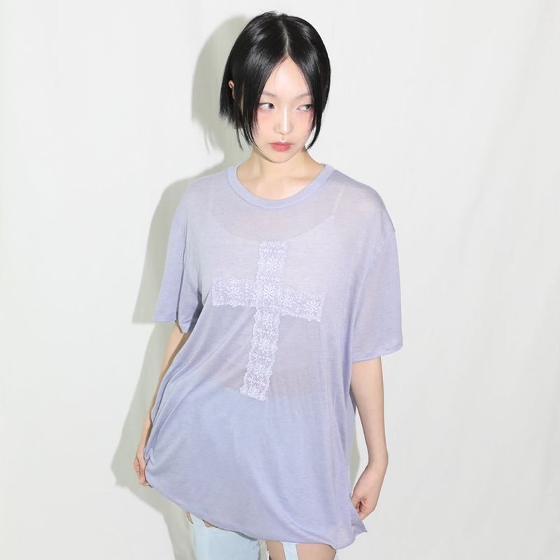 Lace Cross Half T-shirt - BLUE