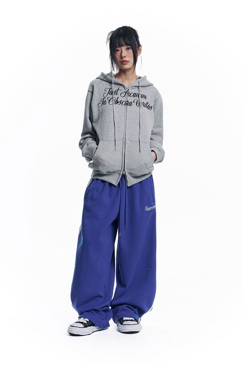Lettering Embroidered Hoodie Zip-Up - Gray