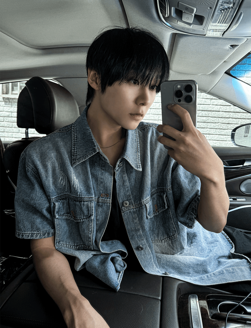jacquard short-sleeved denim jacket