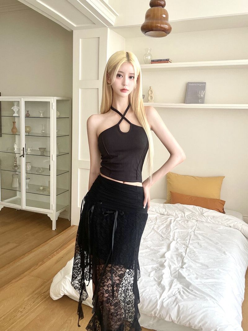 1371. Denim halter strap top (2color)