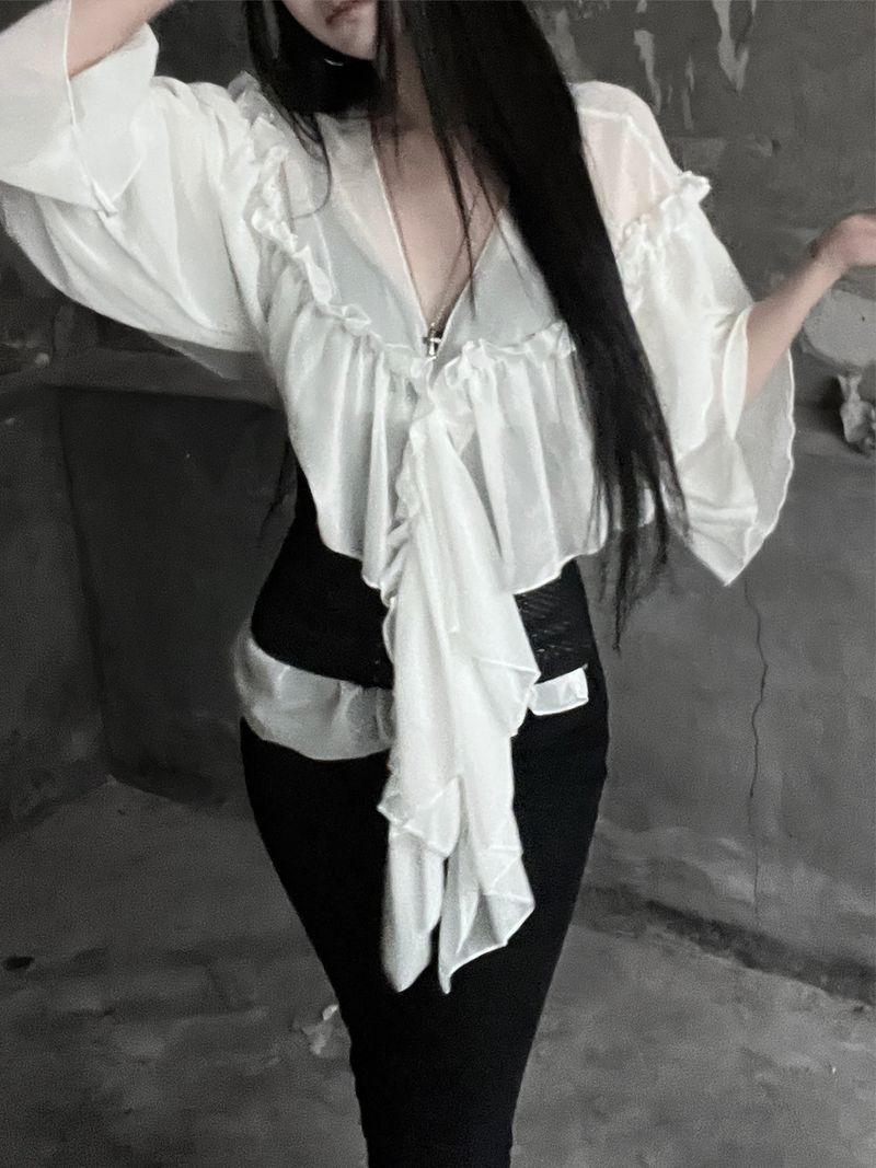 chiffon ruffle v-neck sheer blouse (2color)