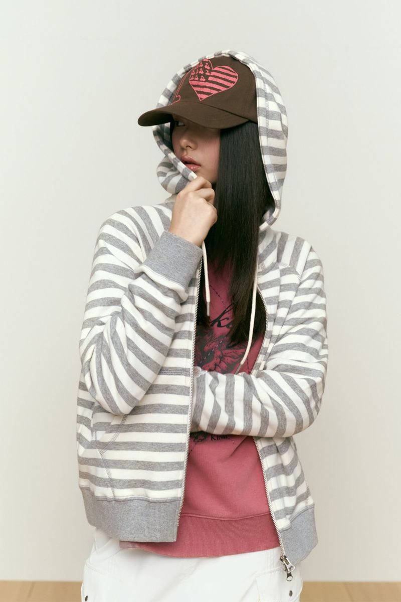 STRIPE HOODIE ZIP UP [OAT MEAL]
