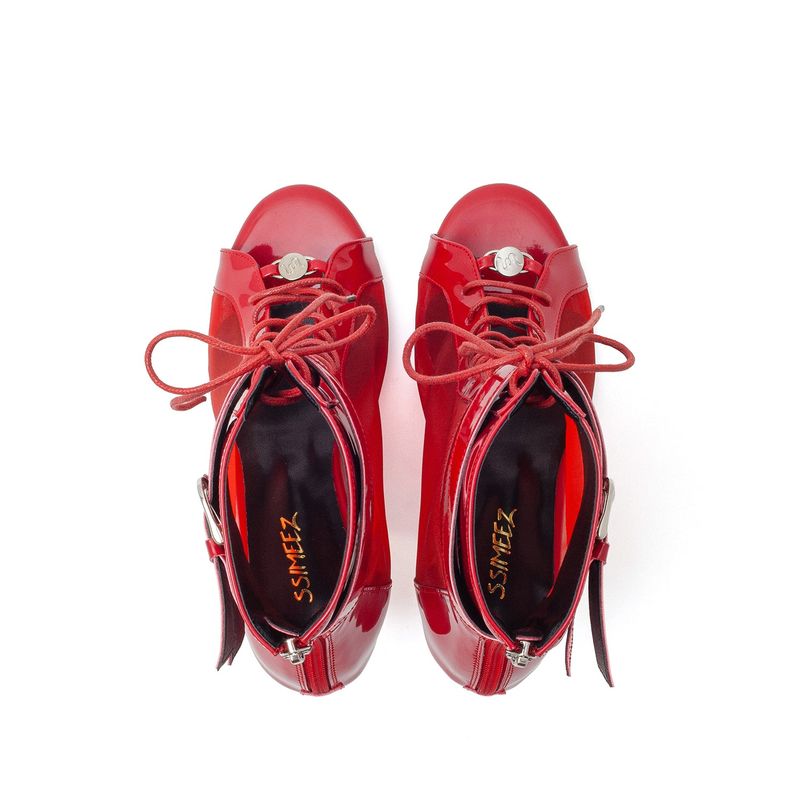 Sheer Buckle Lace-Up Open Toe Heel(Red)