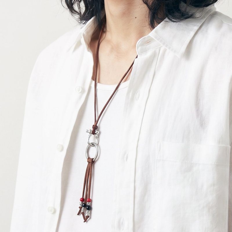 turquoise & leather cord beads necklace brown