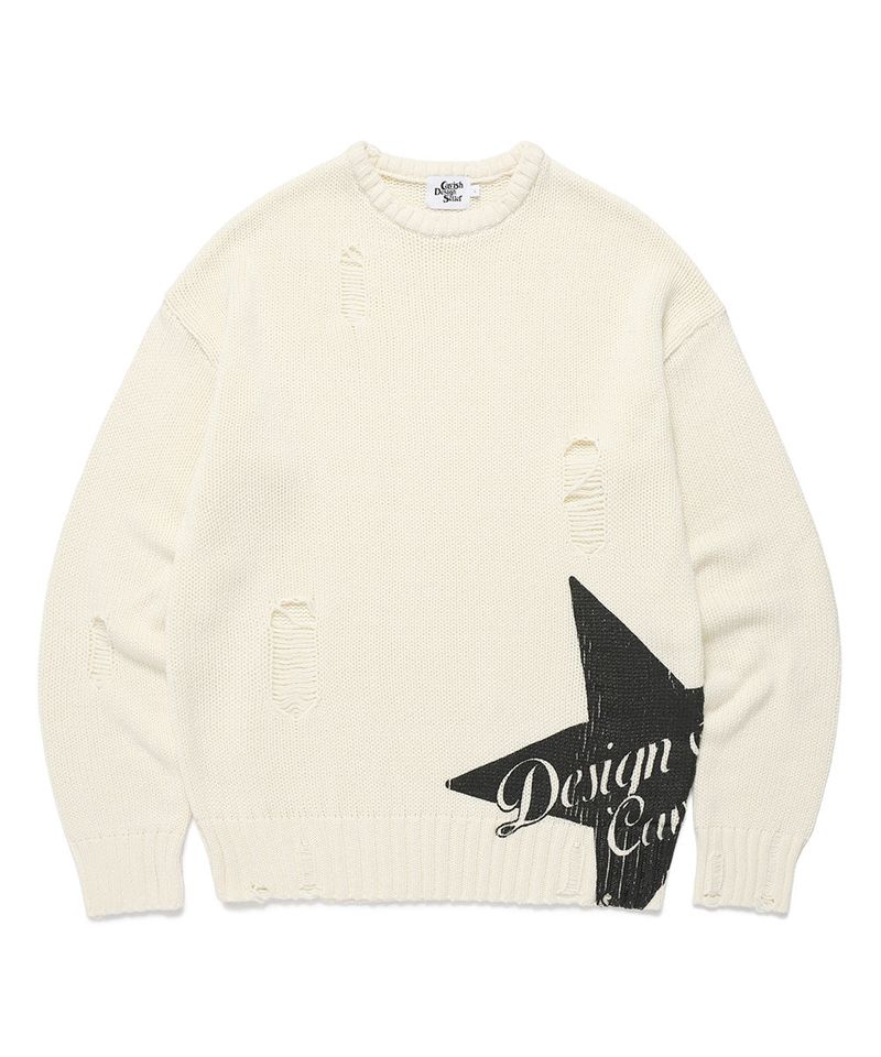 cavish（カビシ）の「W DAMAGED STAR KNIT CREWNECK IVORY(CV2DFFK601A)（Tops）」