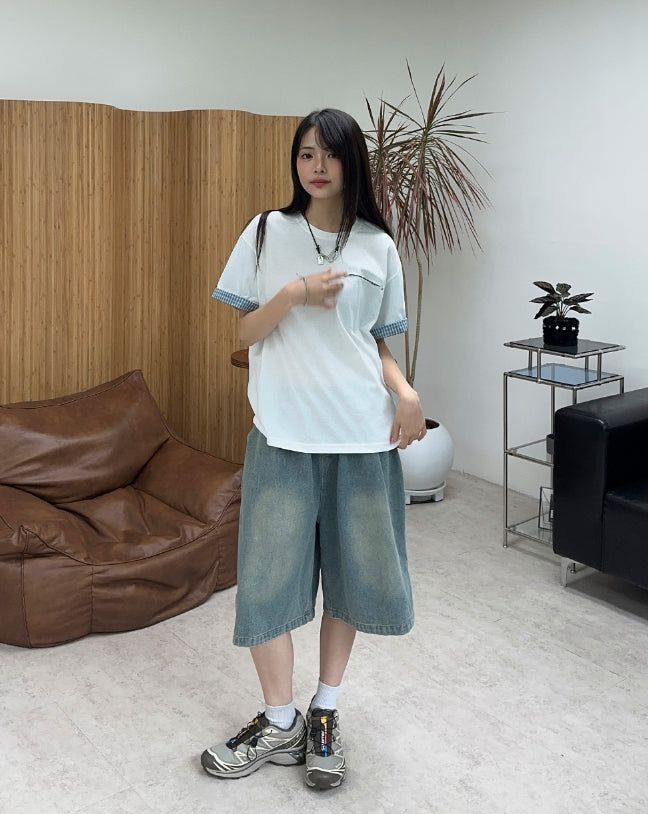 Seren check roll-up short-sleeve tee