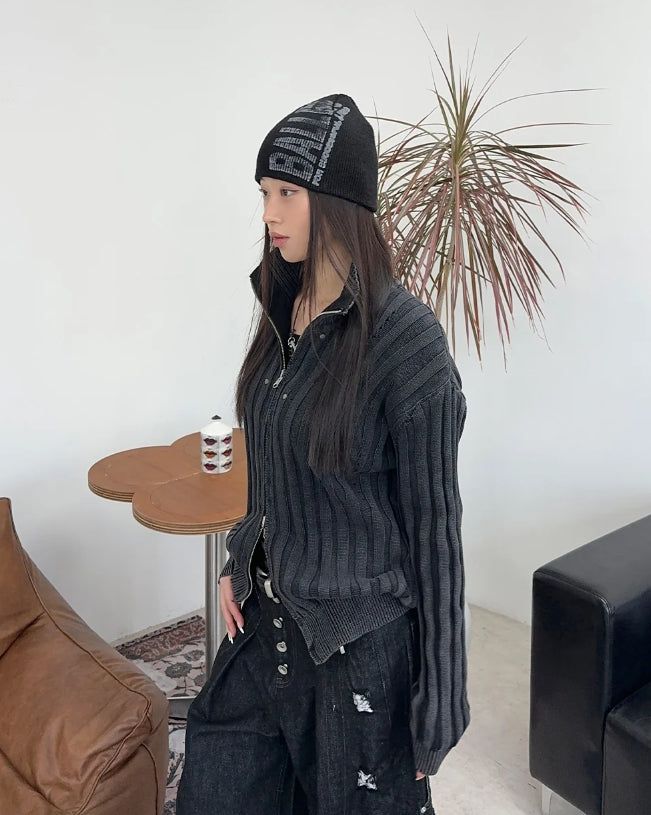 Terry Pigment Ribbed Knit Zip-Up