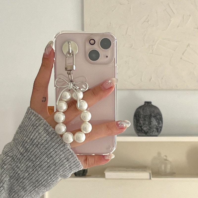 [handmade] silver ribbon pearl keyring (white)