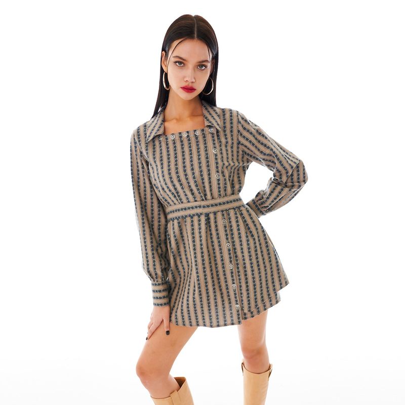 Square Neckline One-piece [Beige Stripe]