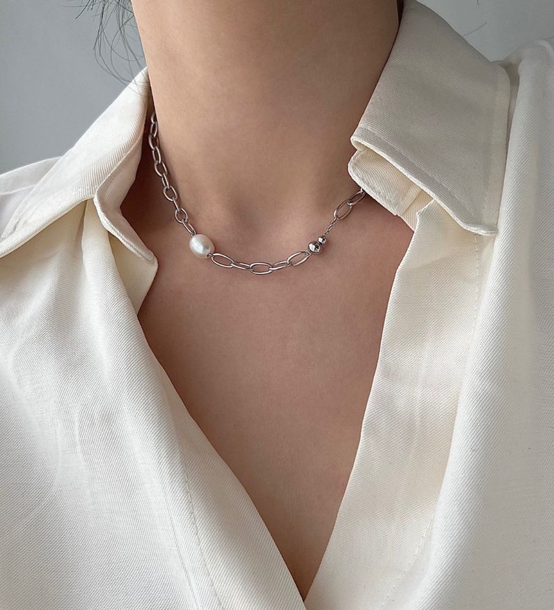 dpps Freshwater Pearl Bold Chain Ball Stainless Steel Titanium Layered Guest Necklace