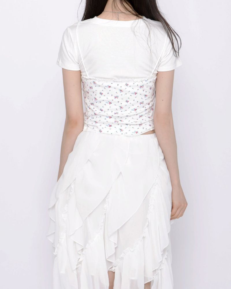 Cute Small Floral Lace Bustier Short Sleeve Set