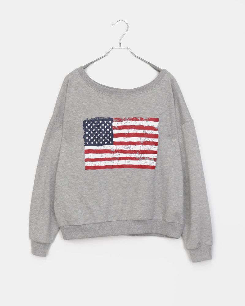 Murhit American Flag Printed One-Off Shoulder Long Sleeve Sweatshirt