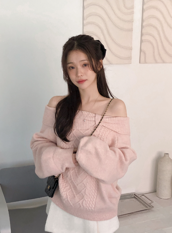 Present Ribbon Twist Loose Off Shoulder Knit (4color)