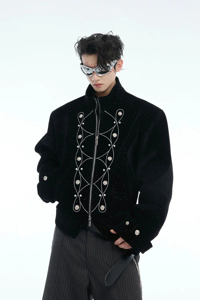Metal Button Sparkle Stand Collar Jacket