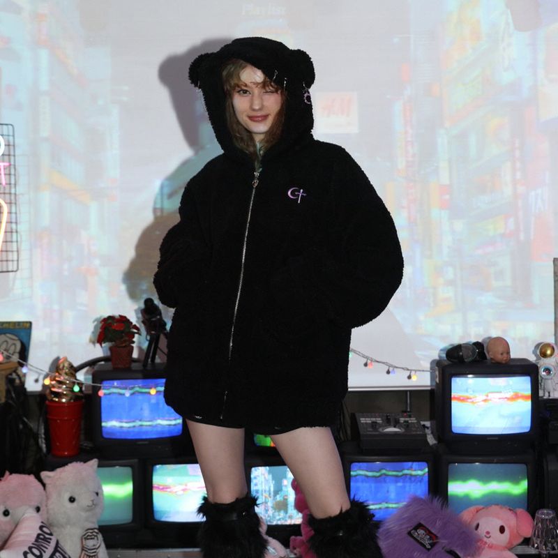 0 1 punk bear fleece jacket - BLACK
