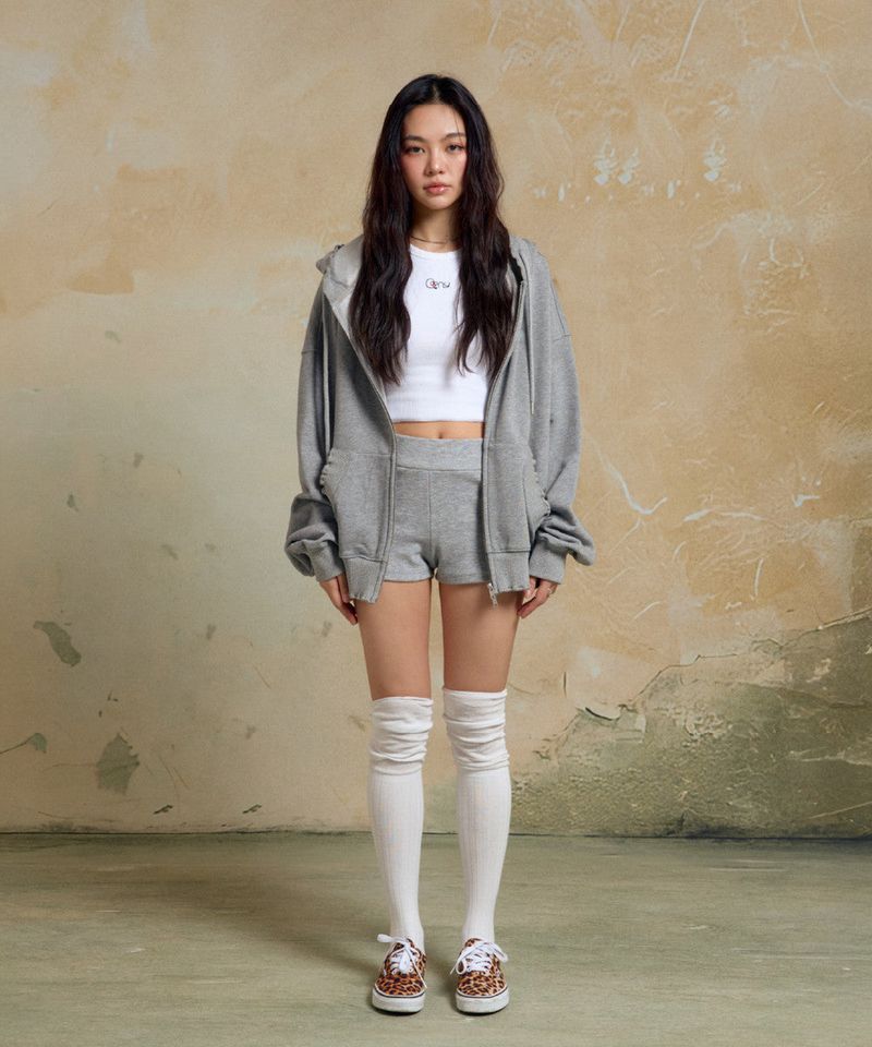 WASHED RUFFLE HOODIE ZIP-UP / MELANGE