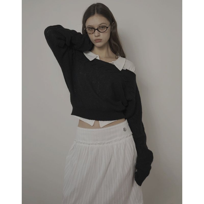CABLE BOAT NECK KNIT-BLACK