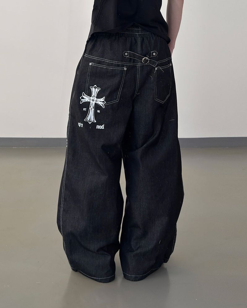 Bone Cross Stud Wide Denim Pants