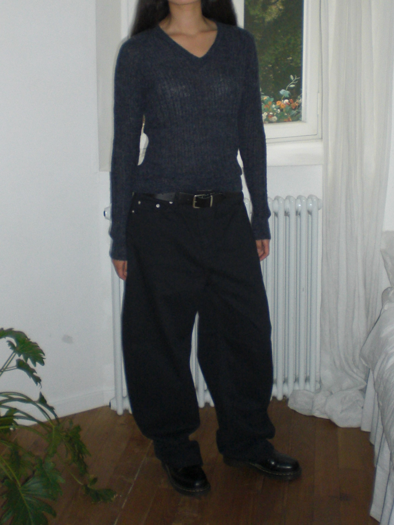Curved wide cotton pants [Dark navy]
