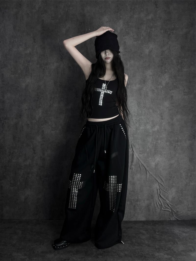 metal stud cross wide pants