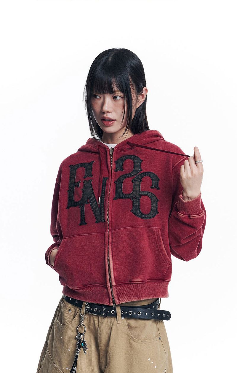 Washed Leather Patch Hooded Zip-Up - Wine