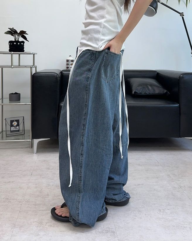 Medin Curved Linen Denim Pants