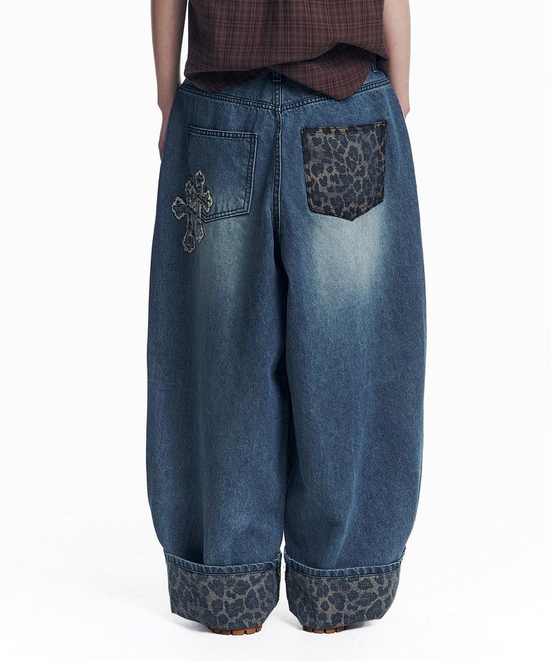 Leopard Cross Patch Roll-Up Denim Pants - Deep Blue