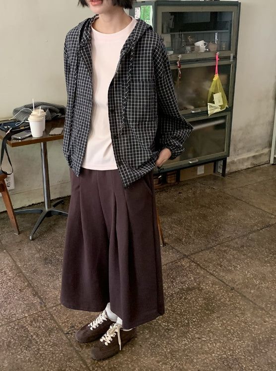 Attil check hood long sleeve shirt