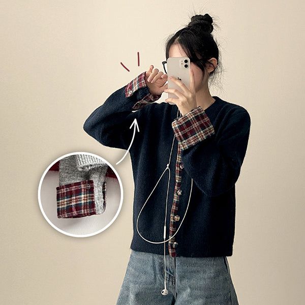 Teat Check Point Button Knit Cardigan