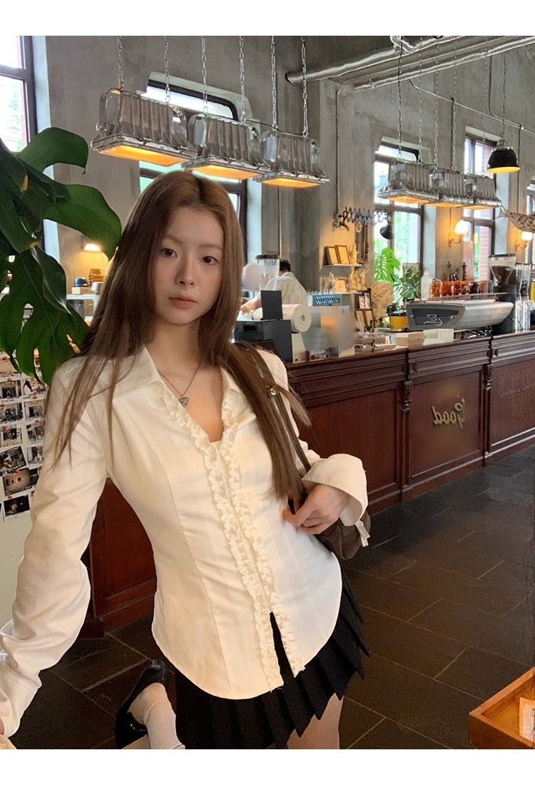 White V-neck Frill Style Long-Sleeved Shirt