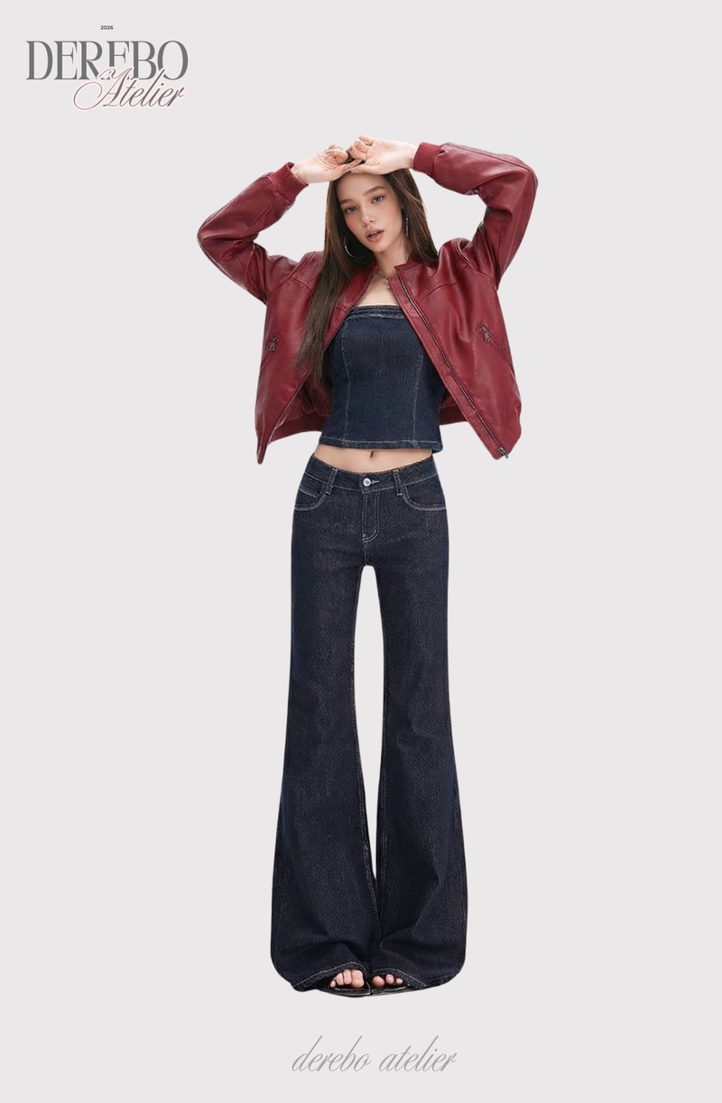 Deep green paper flared long denim pants