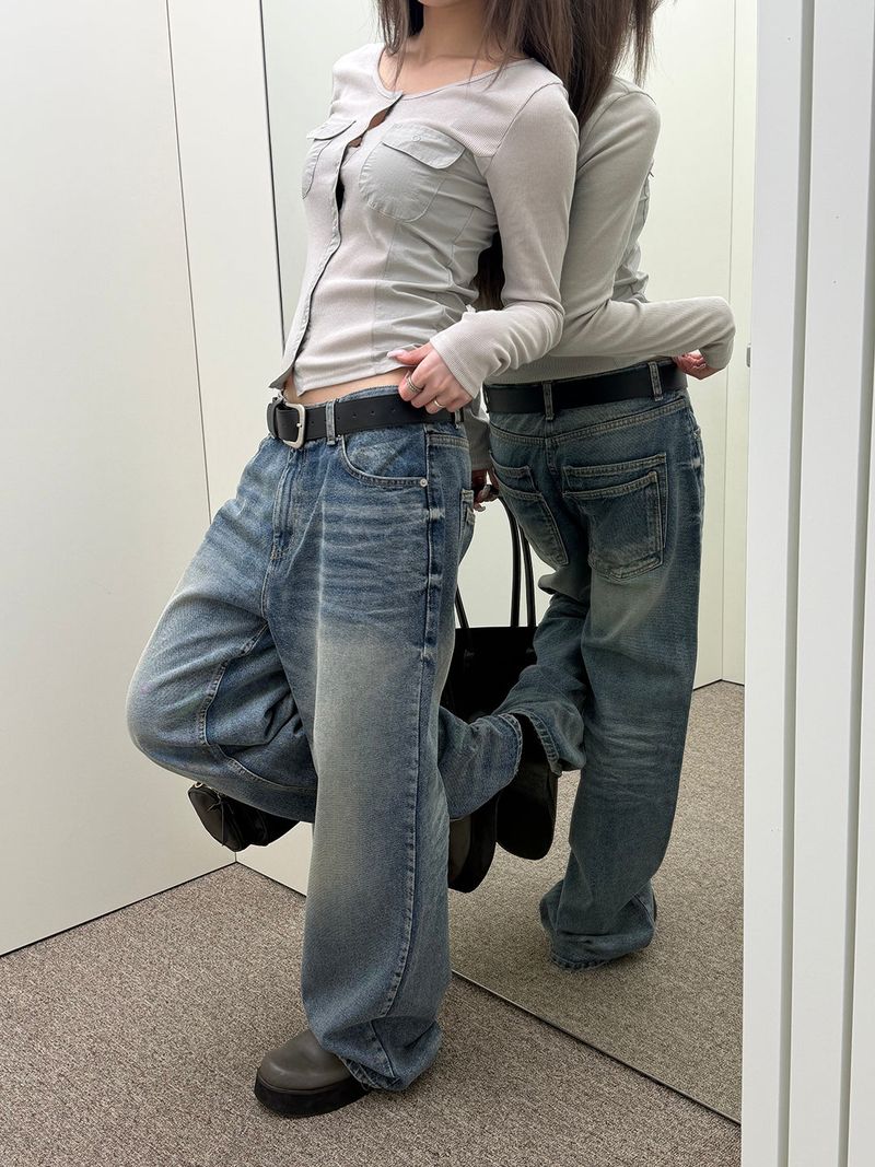  Double back pocket wrinkle denim pants(2color)