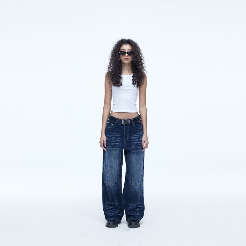 Double Knee Carpenter Wide Denim Pants Blue