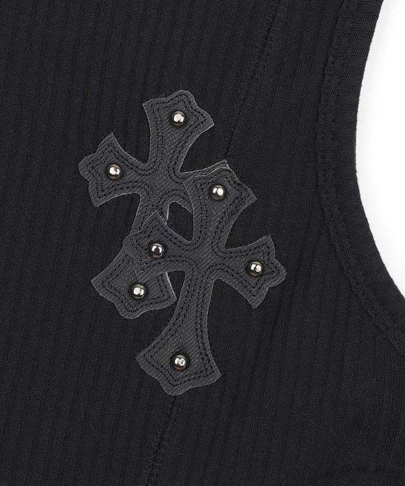 Cross Leather Patch Sleeveless - Black