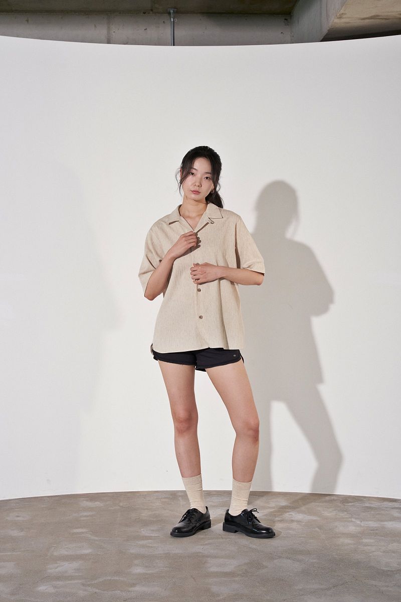 HERRINGBONE LINEN TAILORED 1/2 SHIRT (Oatmeal)