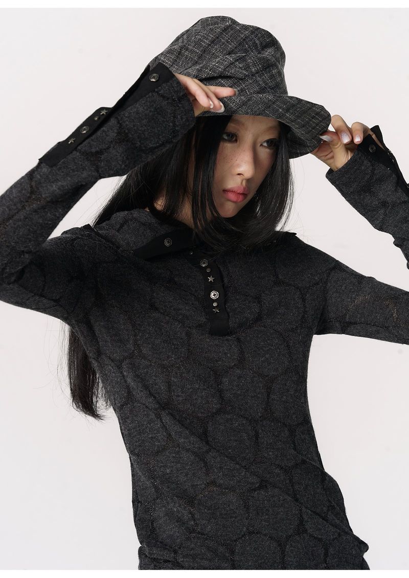 CONFUN Henry rivet patchwork lapel jacquard knitted slim top